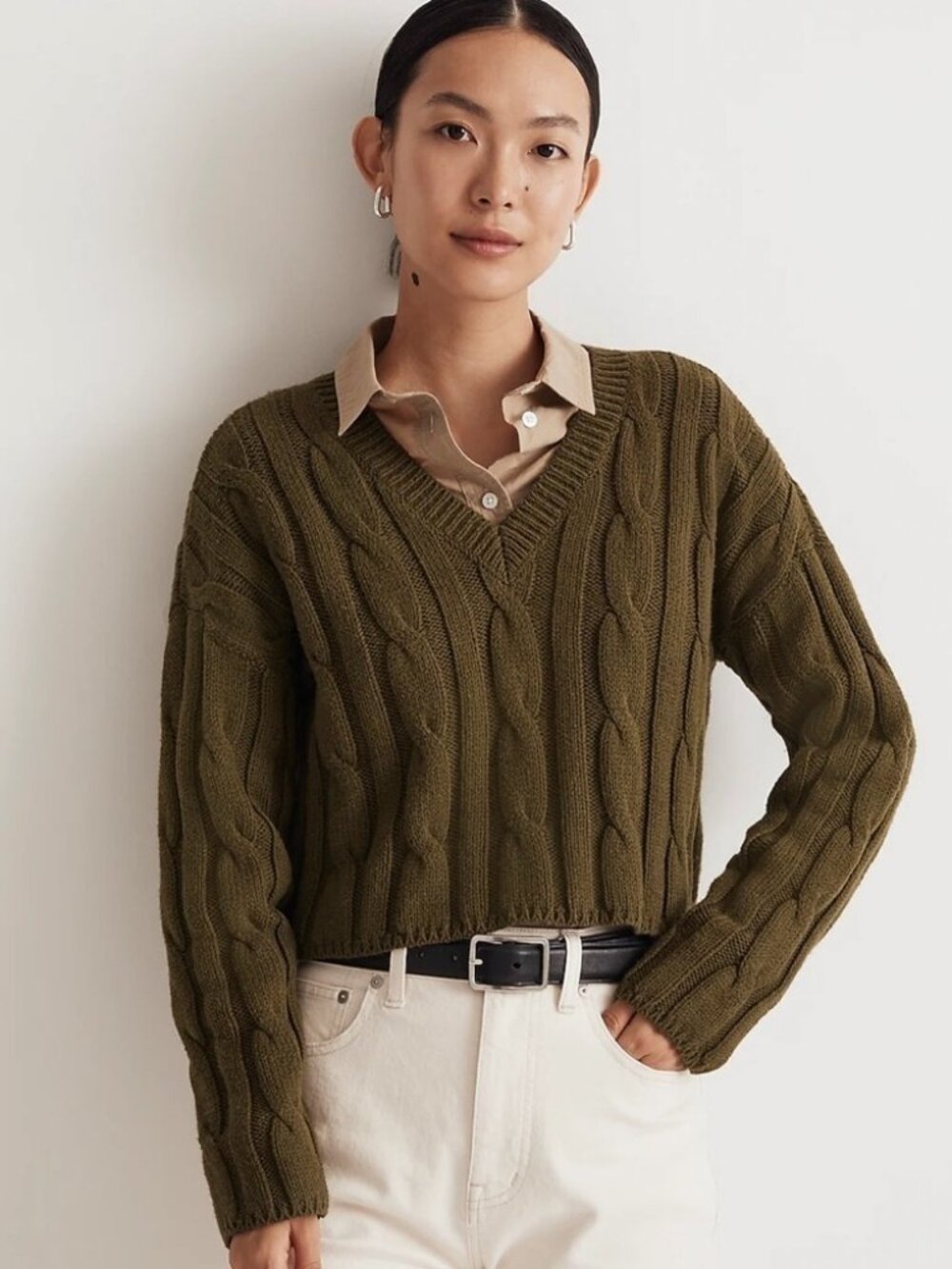 Madewell Cable Knit V-Neck Olive Green Sweater